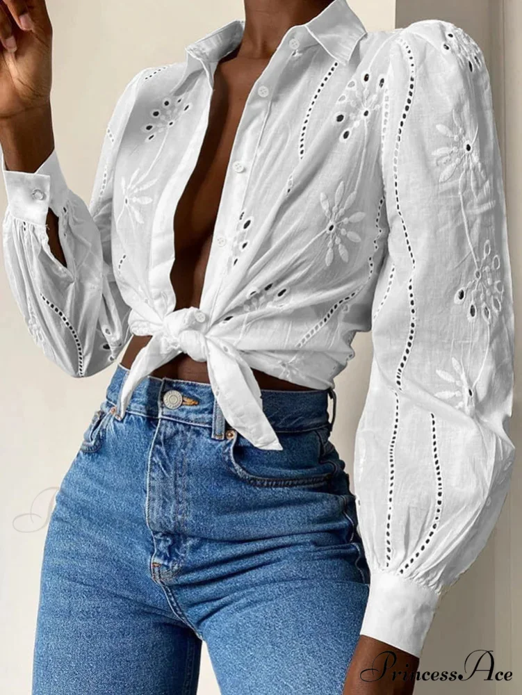 Antique Flower Stitching Hollow Out Puff Sleeve Boho Top - Image 2