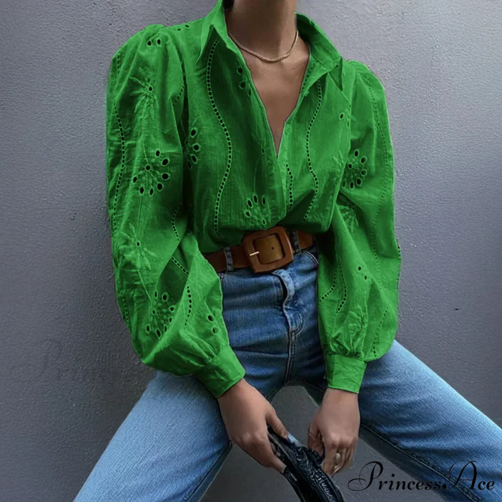Antique Flower Stitching Hollow Out Puff Sleeve Boho Top - Image 7