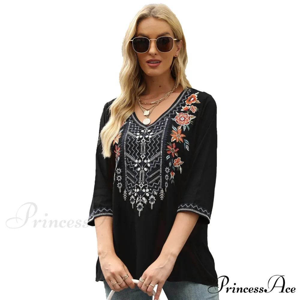 Antique Flowery Stitching Baggy Cotton Extended Sleeve Boho Blouse - Image 7