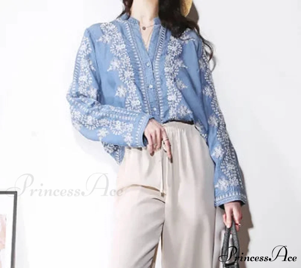 Antique Flowery Stitching Cotton Denim Extended Sleeve Boho Blouse - Image 2