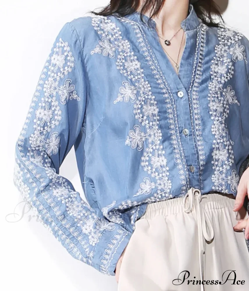Antique Flowery Stitching Cotton Denim Extended Sleeve Boho Blouse - Image 3