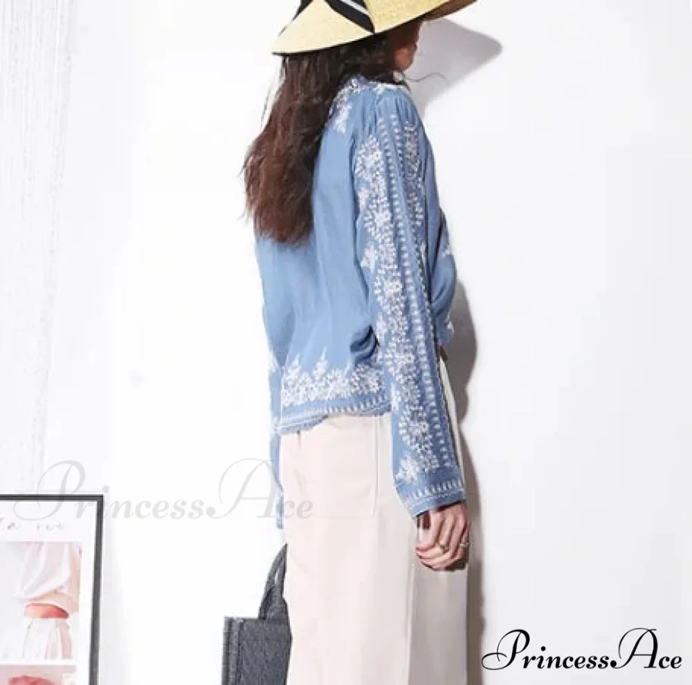 Antique Flowery Stitching Cotton Denim Extended Sleeve Boho Blouse - Image 4