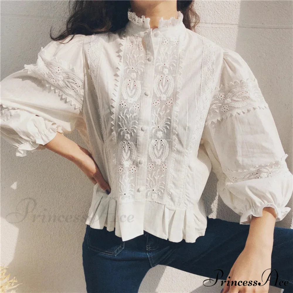 Antique Flowery Stitching Cotton Linen Lantern Sleeve Boho Top - Image 3