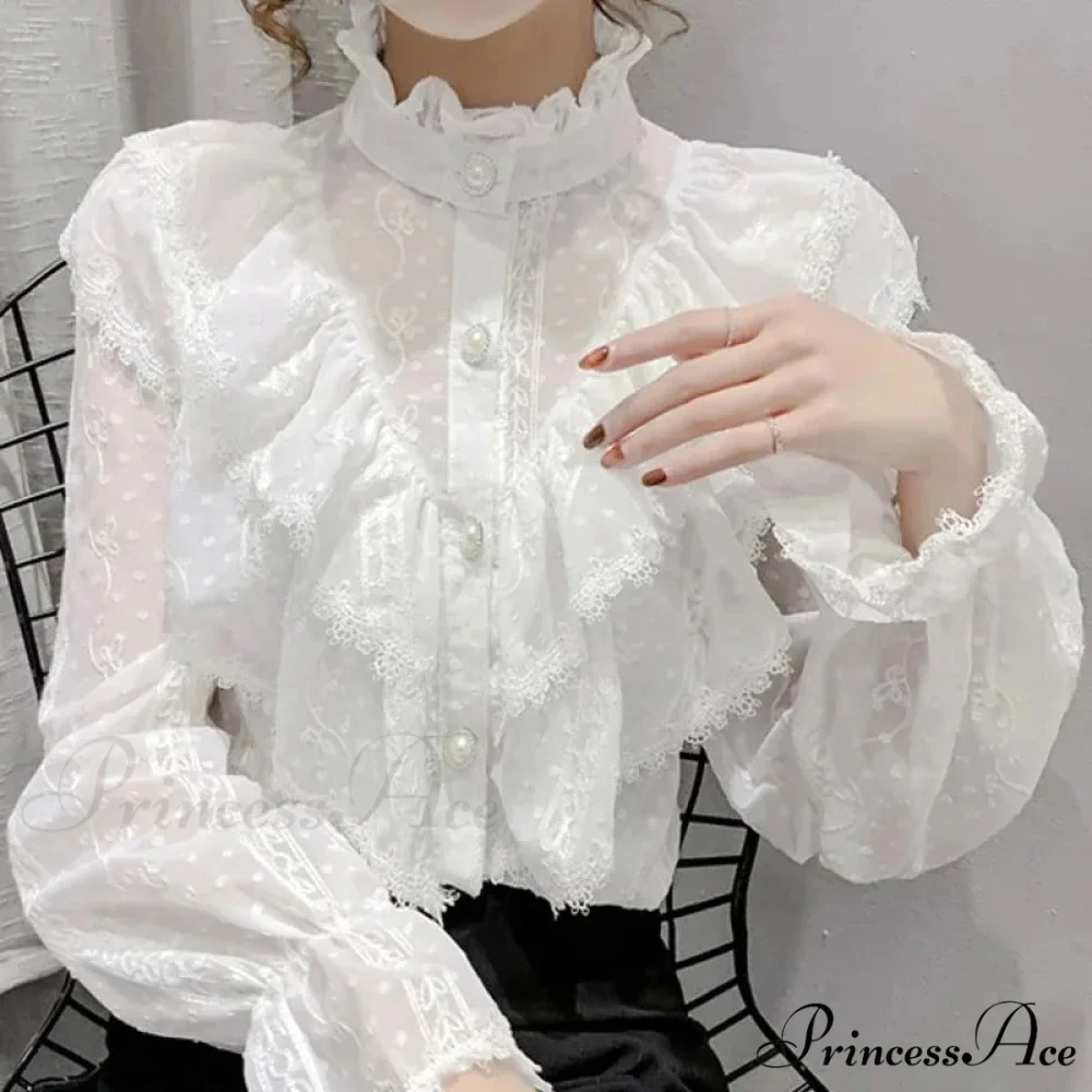 Antique Frilled Lace Ivory Top Extended Sleeve Informal Blouse - Image 2
