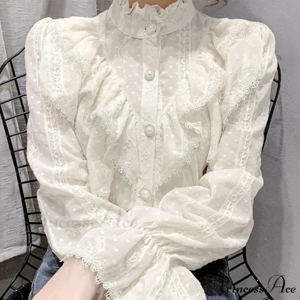 Antique Frilled Lace Ivory Top Extended Sleeve Informal Blouse - Image 3