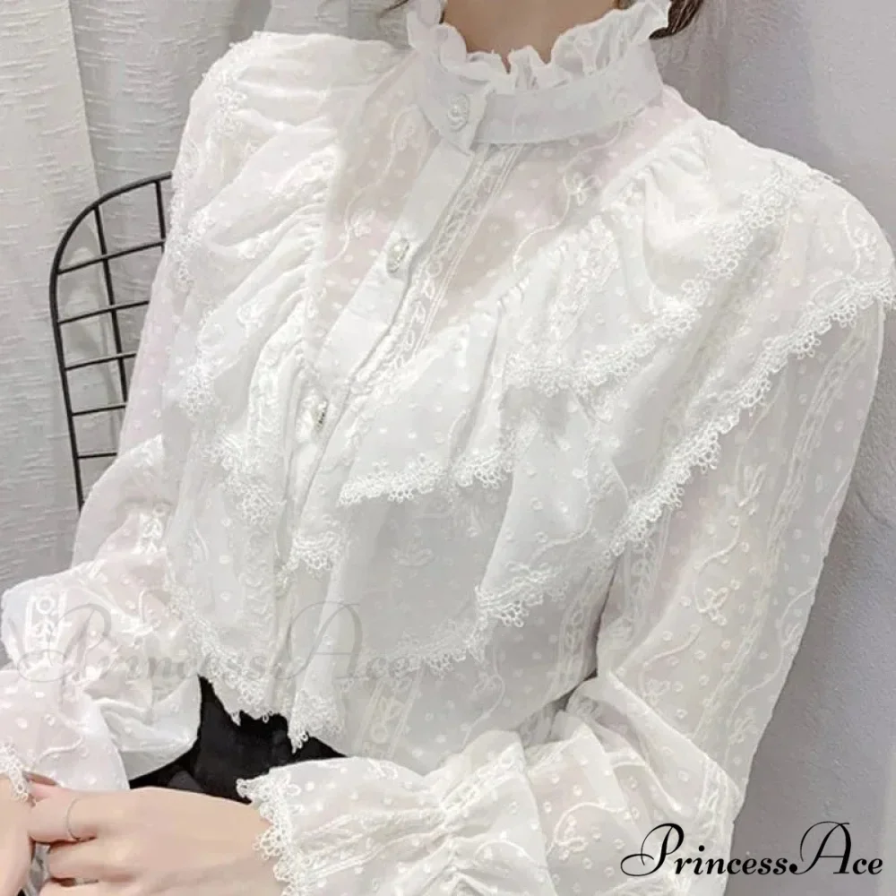 Antique Frilled Lace Ivory Top Extended Sleeve Informal Blouse - Image 4