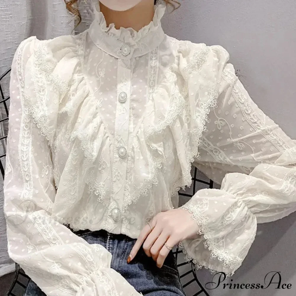 Antique Frilled Lace Ivory Top Extended Sleeve Informal Blouse - Image 5
