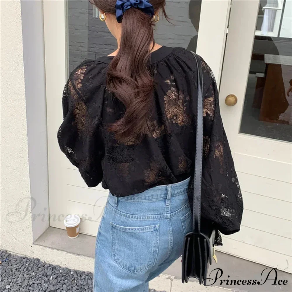 Antique Hook Hollow Blossom Lace Lantern Sleeve Blouse - Image 4
