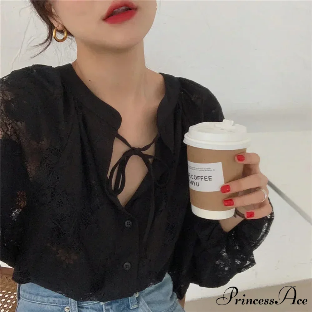 Antique Hook Hollow Blossom Lace Lantern Sleeve Blouse - Image 5
