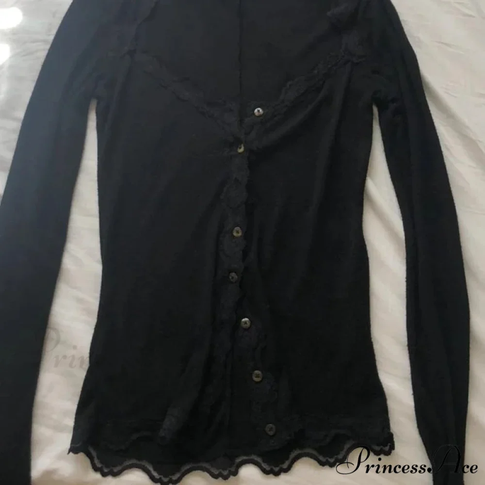 Antique Lace Edging Button Down Fitted Knit Top - Image 3