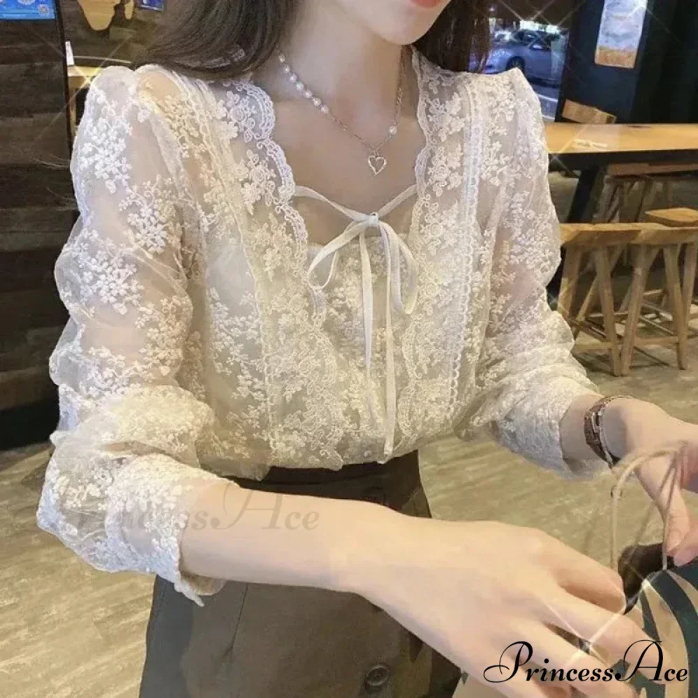 Antique Lace Puff Extended Sleeve Crochet Blouse - Image 2