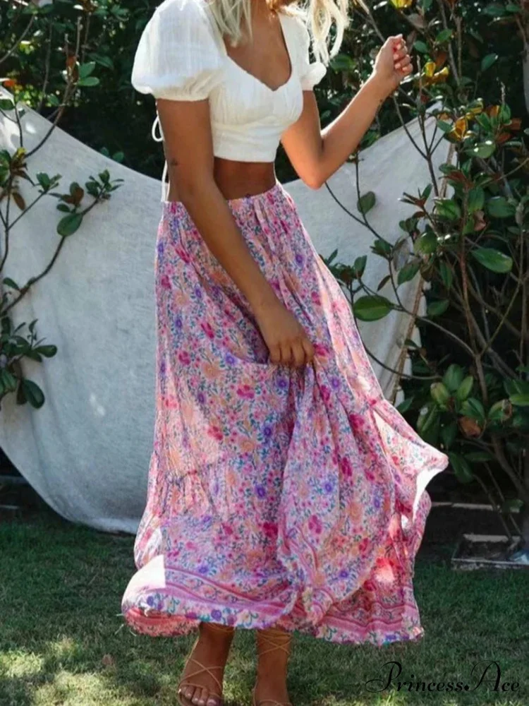 Antique Rose Flower Pattern Divided Seaside Bohemian Long Skirt - Image 2