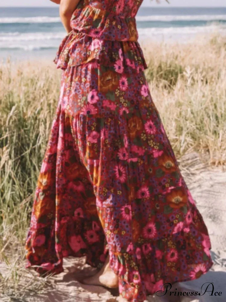 Antique Style Bohemian Crimson Floral Pattern Seaside Extended Skirt - Image 2