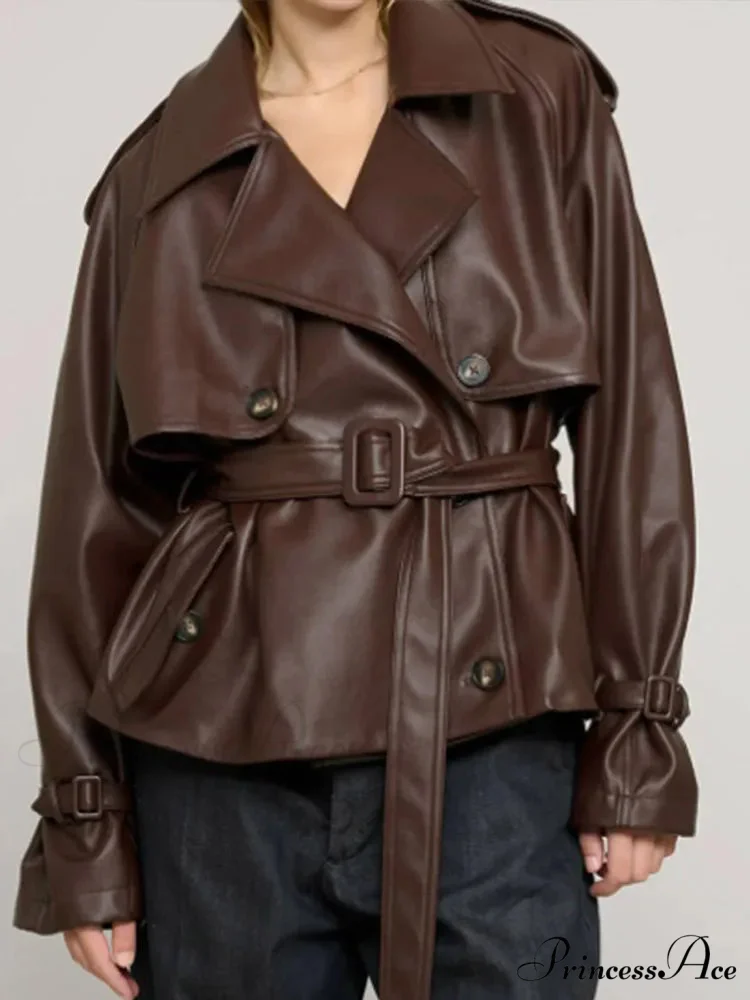 Antique Tan Button Faux Leather Jacket - Image 6