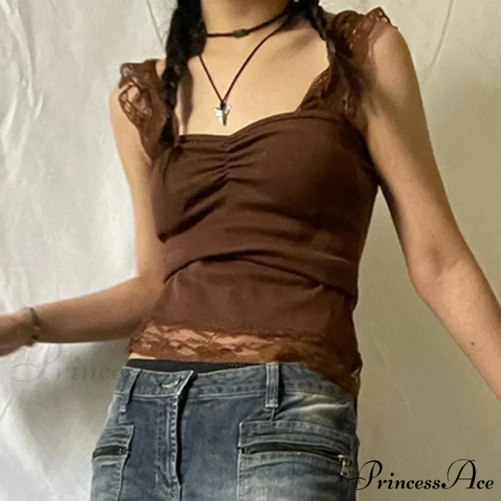 Antique Tan Lace Patchwork Open Back Slim Fit Enchanted Grunge Y2K Camis Crop Top - Image 2
