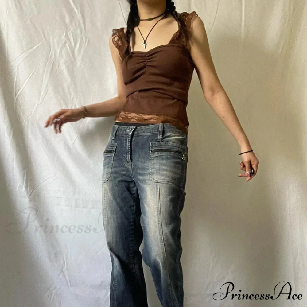 Antique Tan Lace Patchwork Open Back Slim Fit Enchanted Grunge Y2K Camis Crop Top - Image 4
