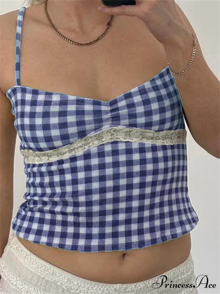 Antique Tartan Lace Patchwork Spaghetti Crop Top - Image 3