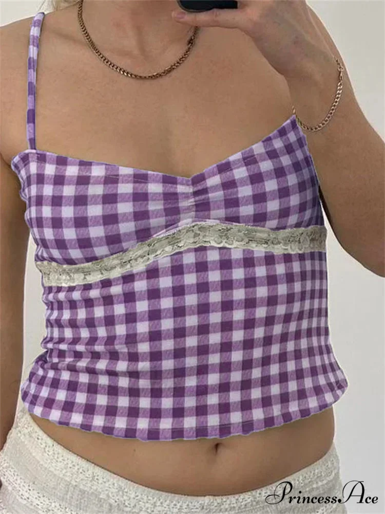Antique Tartan Lace Patchwork Spaghetti Crop Top - Image 4