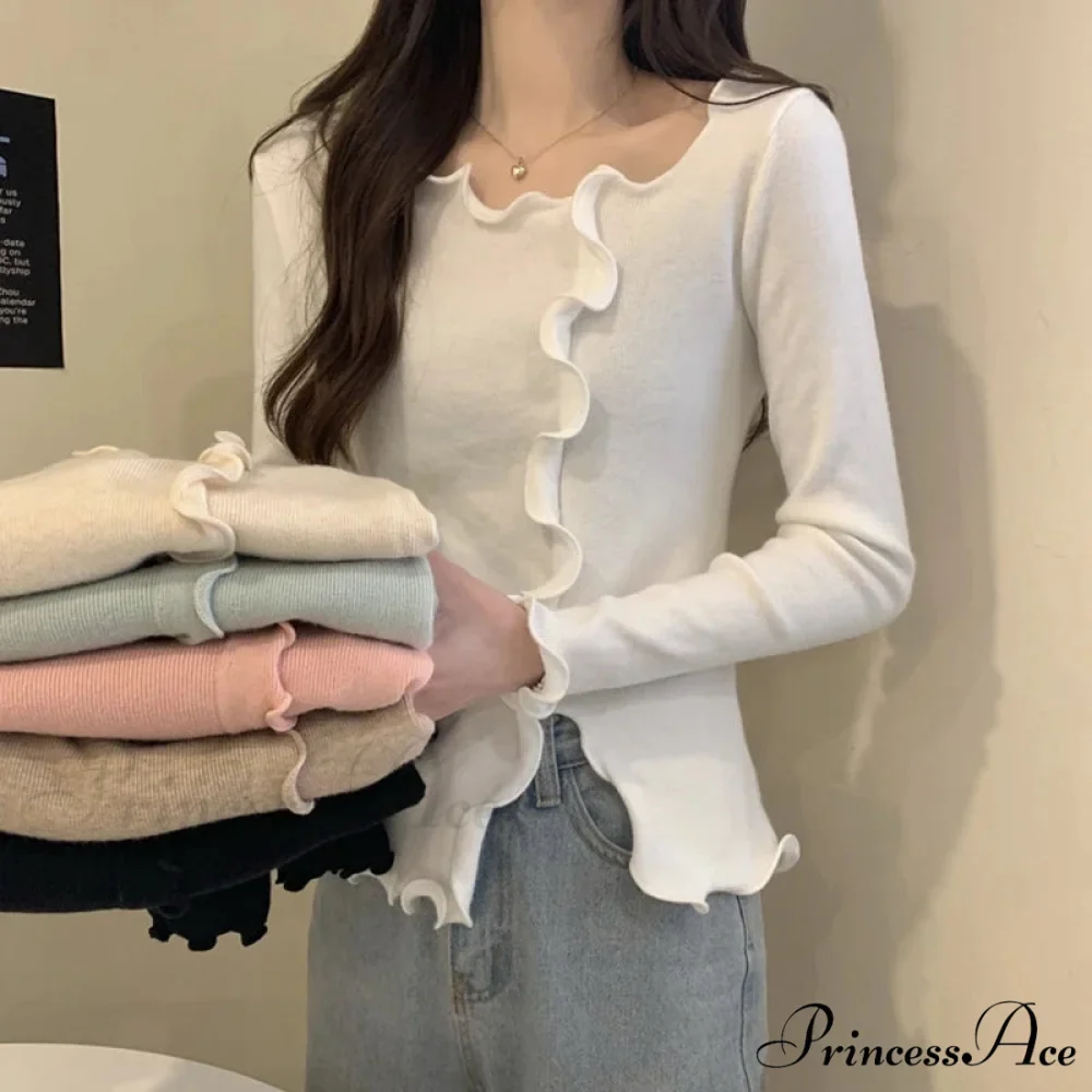 Artistic Irregular Frills Knit Crop Solid Extended Sleeve Knit Top - Image 2