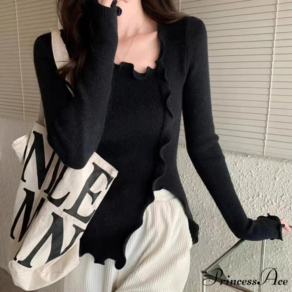 Artistic Irregular Frills Knit Crop Solid Extended Sleeve Knit Top - Image 3