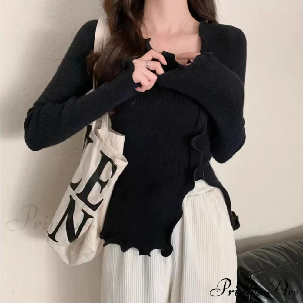 Artistic Irregular Frills Knit Crop Solid Extended Sleeve Knit Top - Image 4
