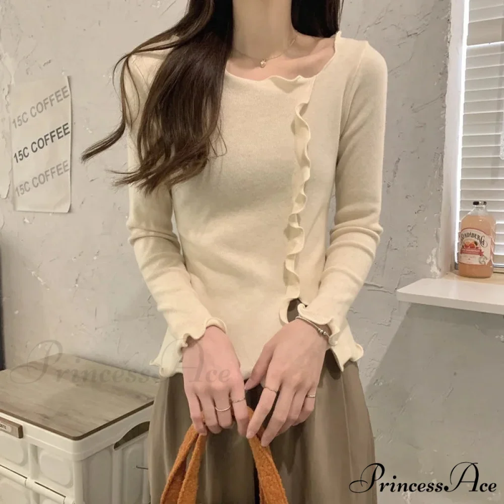 Artistic Irregular Frills Knit Crop Solid Extended Sleeve Knit Top - Image 5