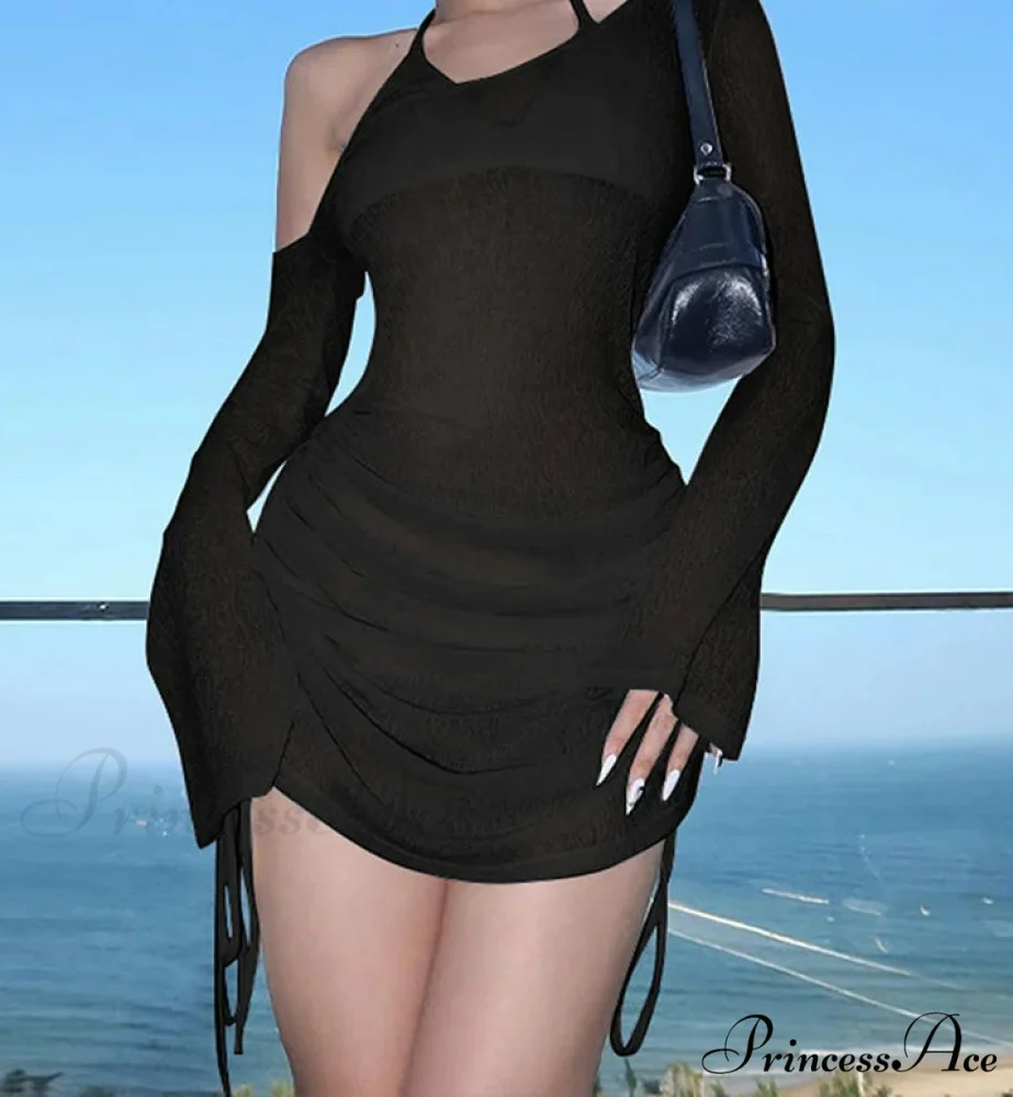 Asymmetrical Neckline Cinched Waist Mini Dress - Image 3