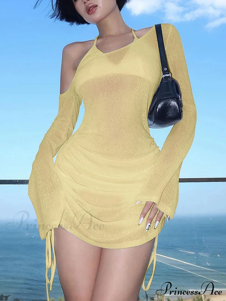 Asymmetrical Neckline Cinched Waist Mini Dress - Image 4