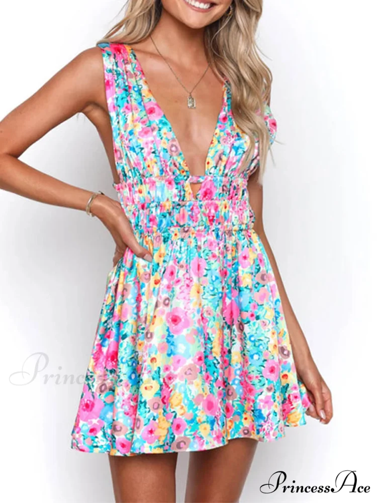 Attractive Backless Plunging Neckline Flower Pattern Mini Floral Dress - Image 11