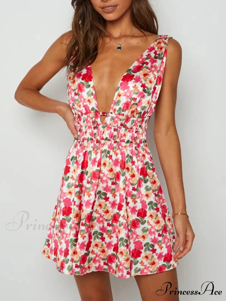 Attractive Backless Plunging Neckline Flower Pattern Mini Floral Dress - Image 2