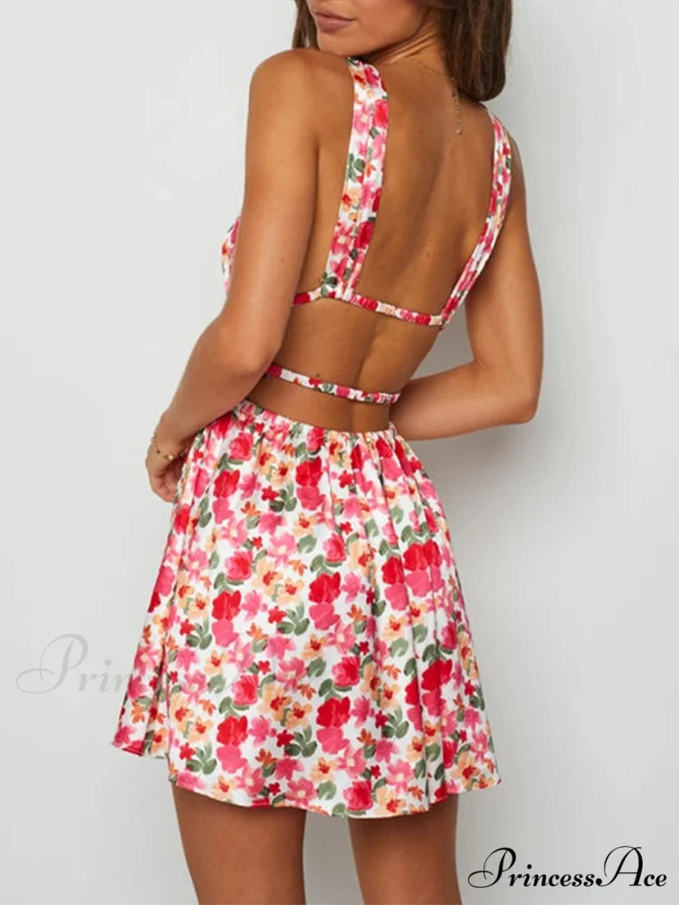 Attractive Backless Plunging Neckline Flower Pattern Mini Floral Dress - Image 3