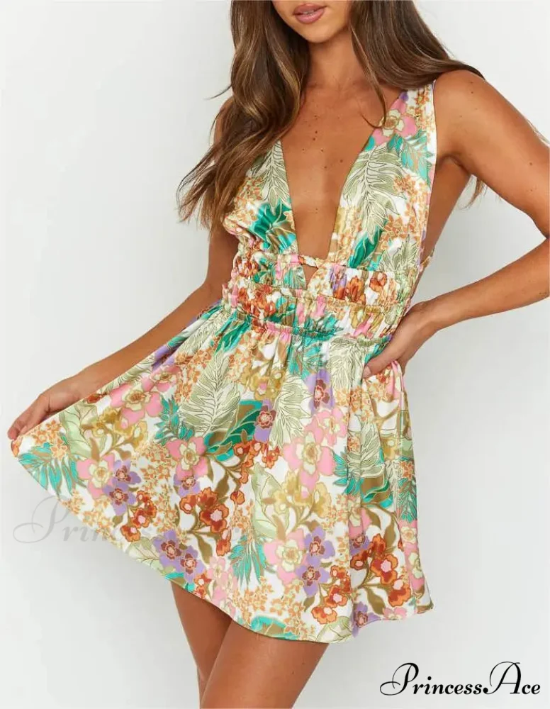 Attractive Backless Plunging Neckline Flower Pattern Mini Floral Dress - Image 4