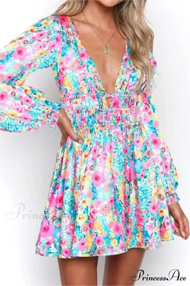 Attractive Backless Plunging Neckline Flower Pattern Mini Floral Dress - Image 8