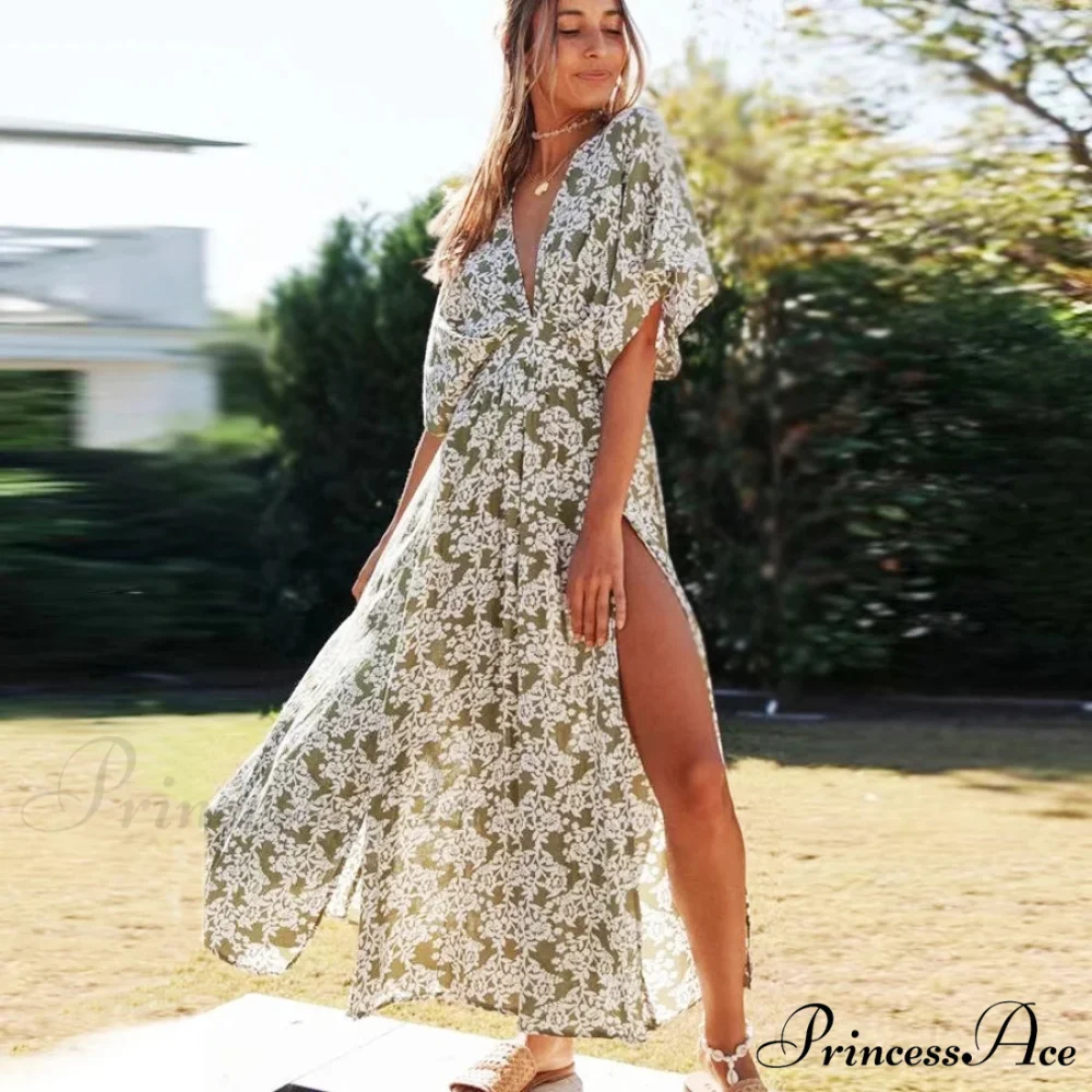 Attractive Deep Plunge-neck Maxi Dress Retro Floral Print Side Split Boho Dress - Image 2