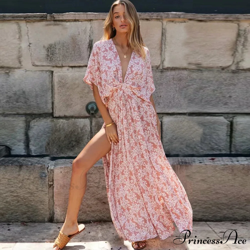 Attractive Deep Plunge-neck Maxi Dress Retro Floral Print Side Split Boho Dress - Image 4
