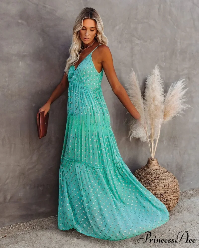 Attractive Divided Large Hem Bandeau Sleeveless Green Maxi Boho Dress - Image 3