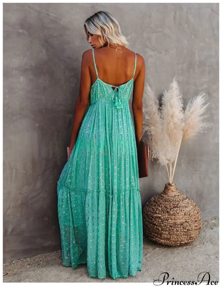 Attractive Divided Large Hem Bandeau Sleeveless Green Maxi Boho Dress - Image 5