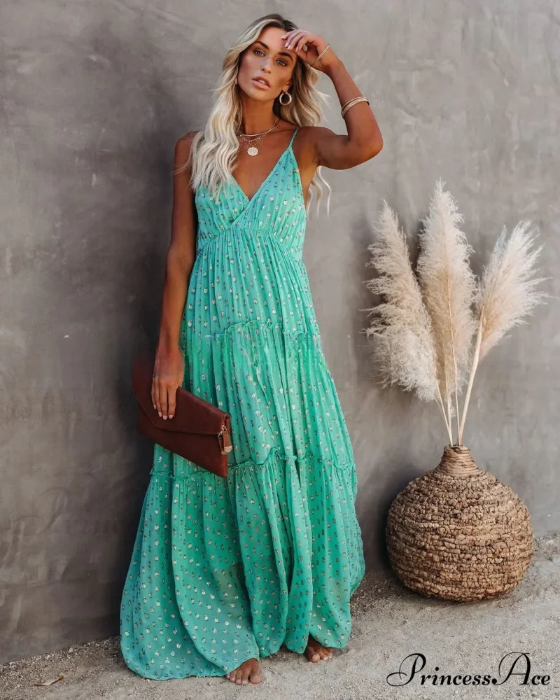 Attractive Divided Large Hem Bandeau Sleeveless Green Maxi Boho Dress - Image 6