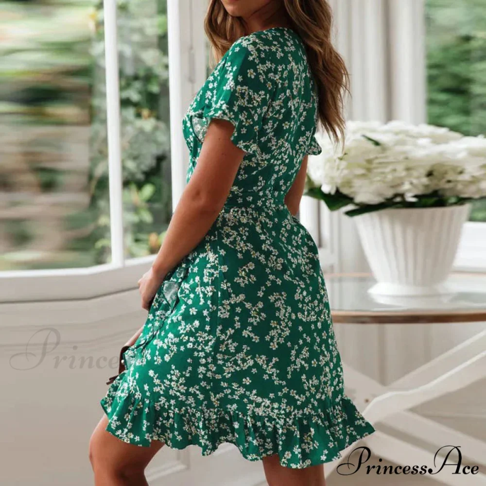 Attractive Flower Pattern V-neck Chiffon Mini Flower Dress - Image 2