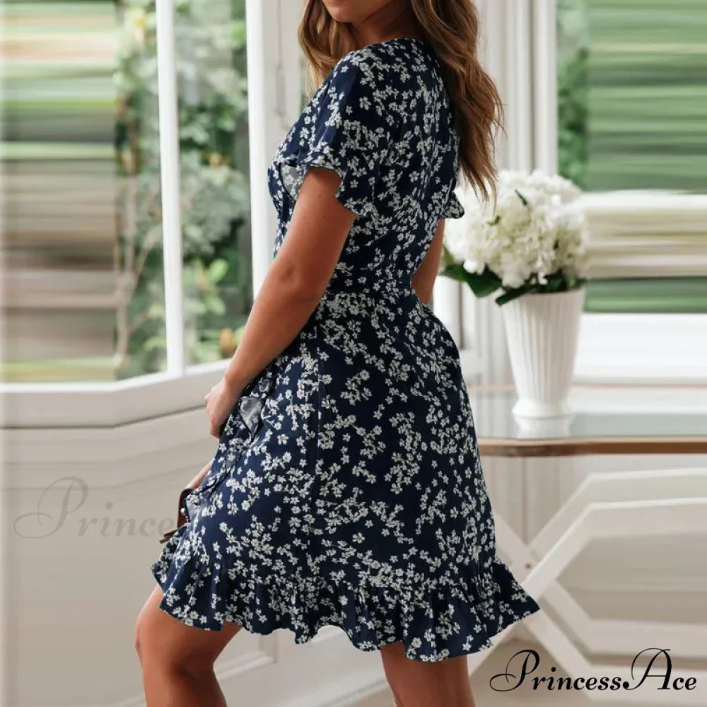 Attractive Flower Pattern V-neck Chiffon Mini Flower Dress - Image 4