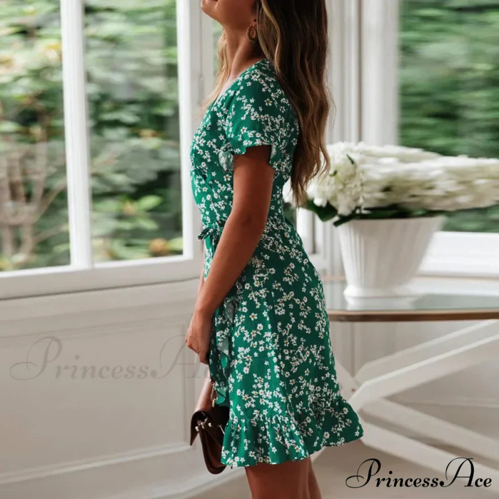 Attractive Flower Pattern V-neck Chiffon Mini Flower Dress - Image 5