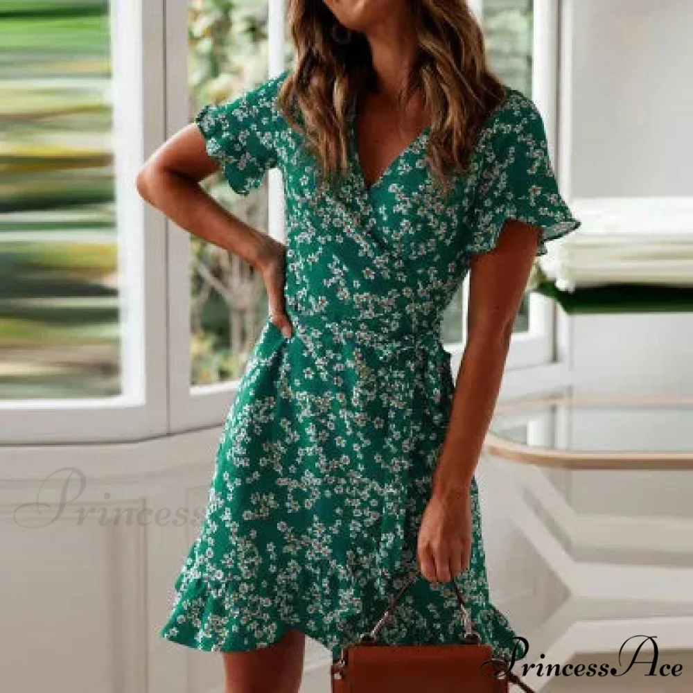 Attractive Flower Pattern V-neck Chiffon Mini Flower Dress - Image 6