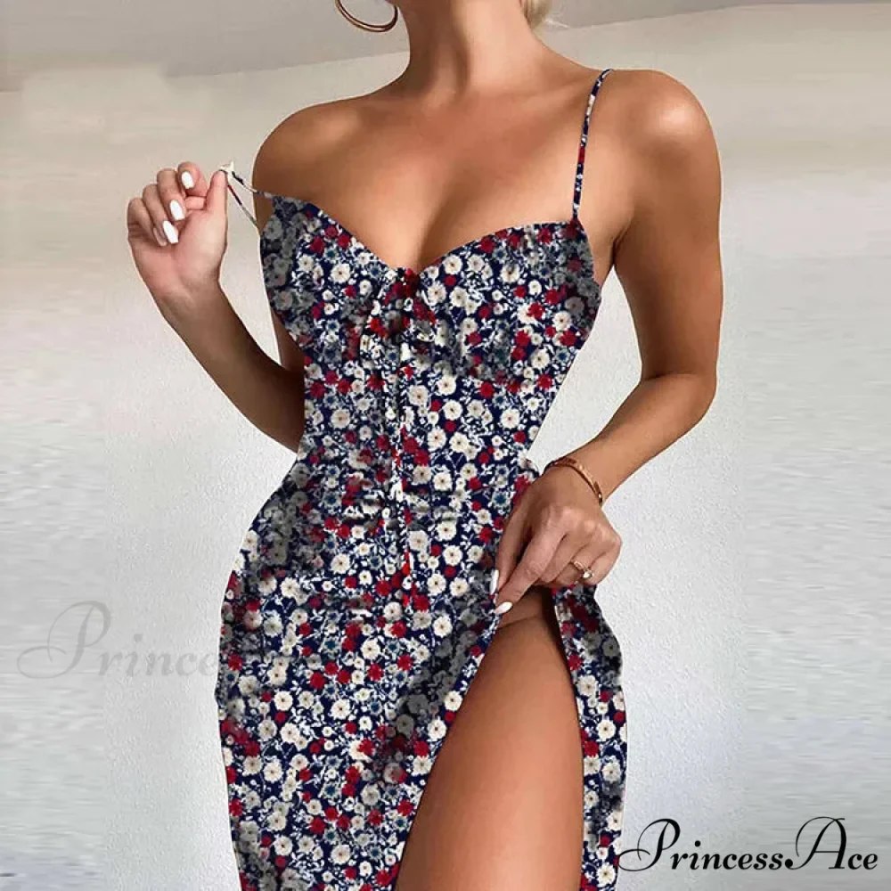 Attractive Spaghetti Strap Slit Floral Beach Party Dress - Image 11