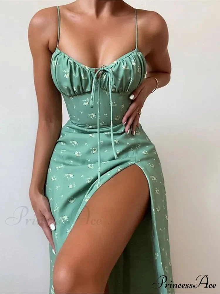 Attractive Spaghetti Strap Slit Floral Beach Party Dress - Image 3