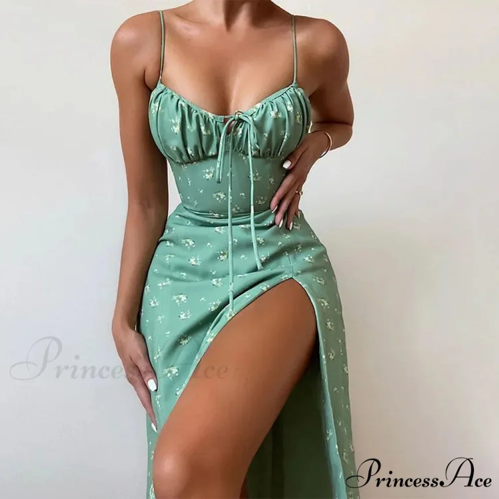 Attractive Spaghetti Strap Slit Floral Beach Party Dress - Image 9