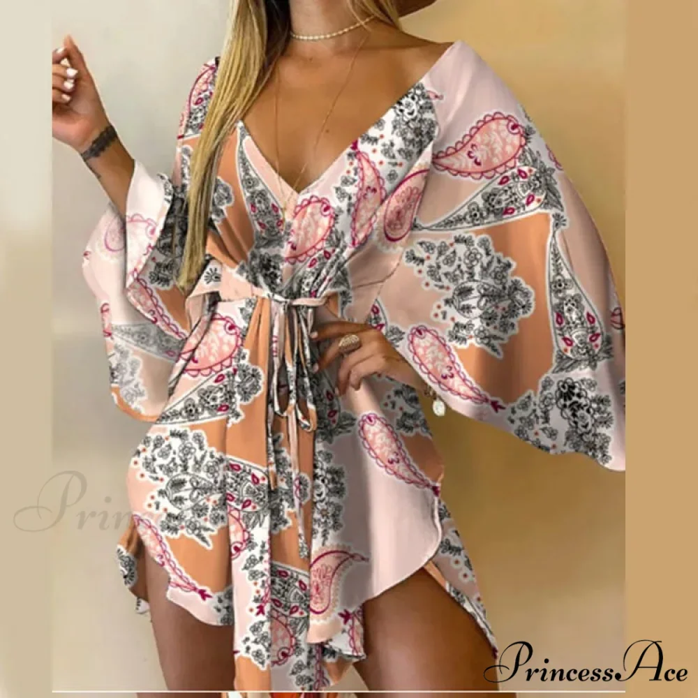 Attractive V-neck Bat Sleeve Bohemian Floral Beach Sundress - Image 11
