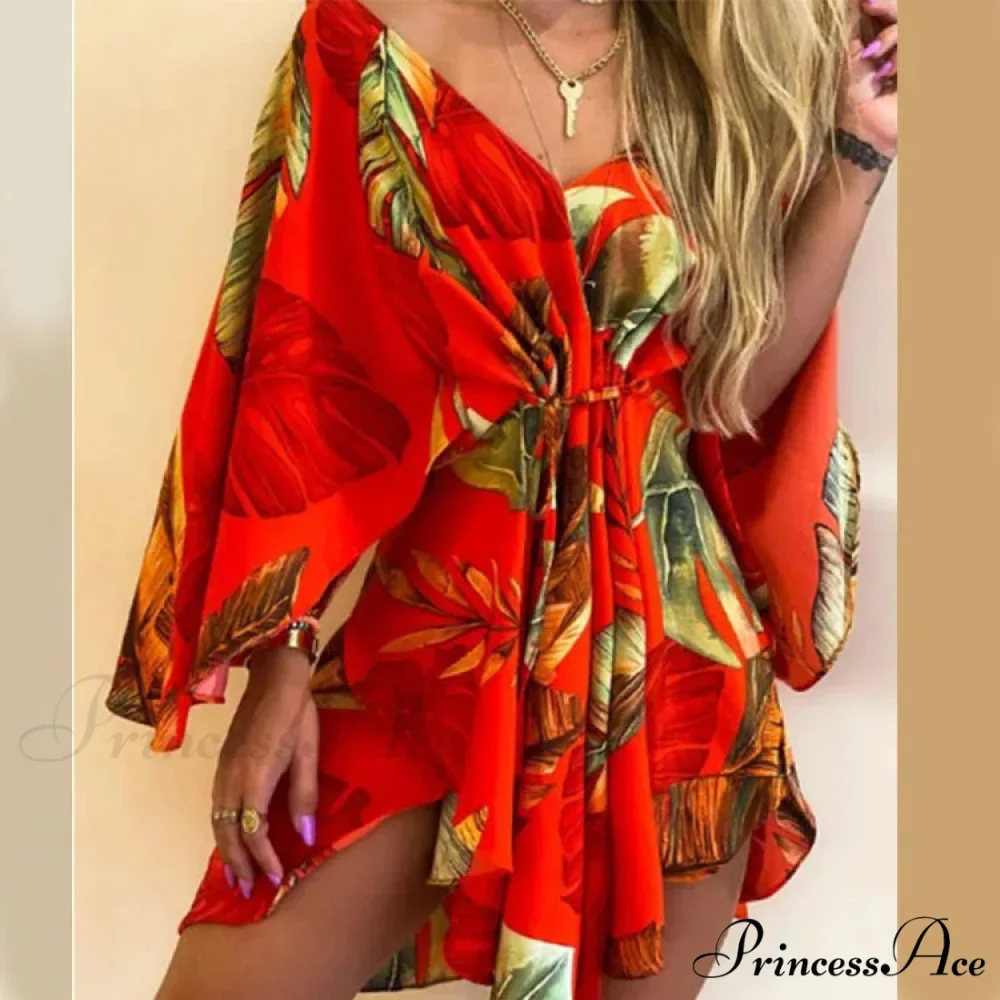 Attractive V-neck Bat Sleeve Bohemian Floral Beach Sundress - Image 12