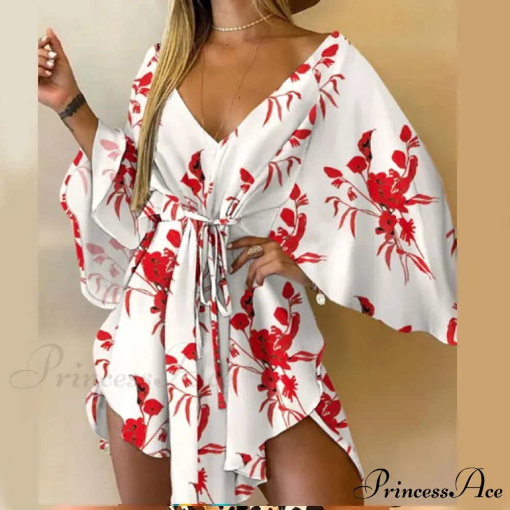 Attractive V-neck Bat Sleeve Bohemian Floral Beach Sundress - Image 13