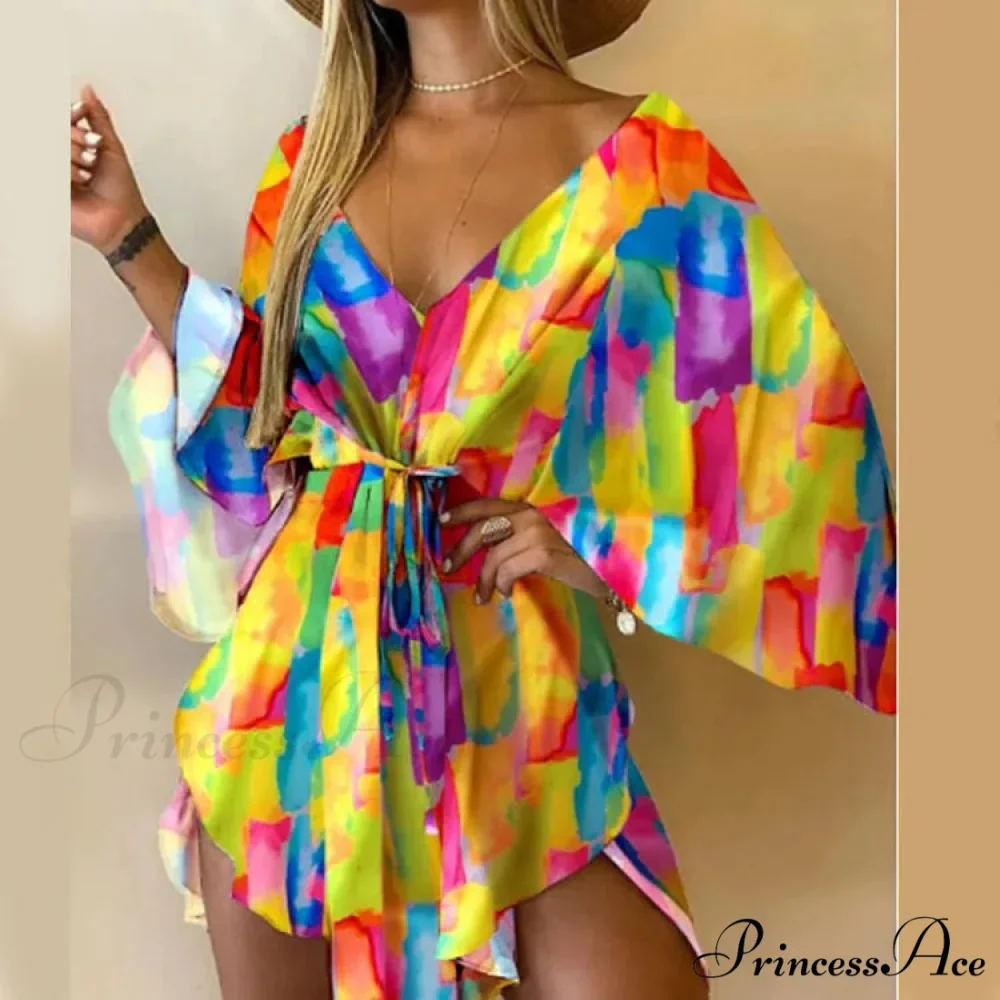 Attractive V-neck Bat Sleeve Bohemian Floral Beach Sundress - Image 14