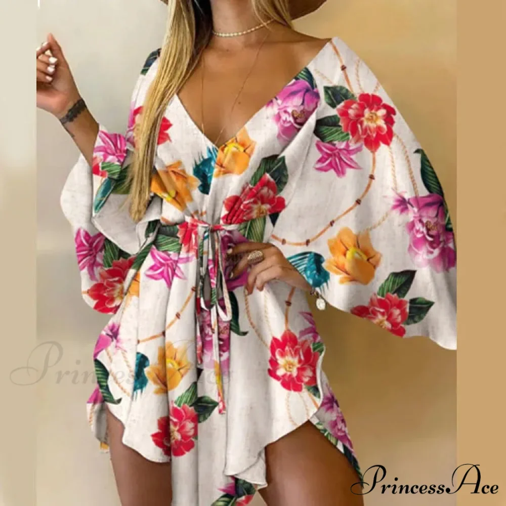 Attractive V-neck Bat Sleeve Bohemian Floral Beach Sundress - Image 15